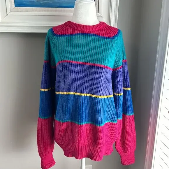 Vintage 90s Classic Fashion Striped Rainbow Sweater Medium - Picture 2 of 13